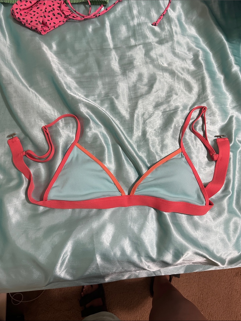 SHEIN Aqua Triangle Bikini Top with Coral Trim